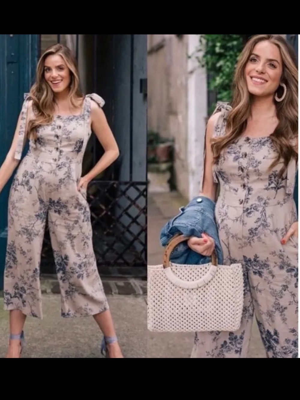 Gal Meets Glam Meridian Cottage Beige Blue Floral Smocked Jumpsuit Size 4